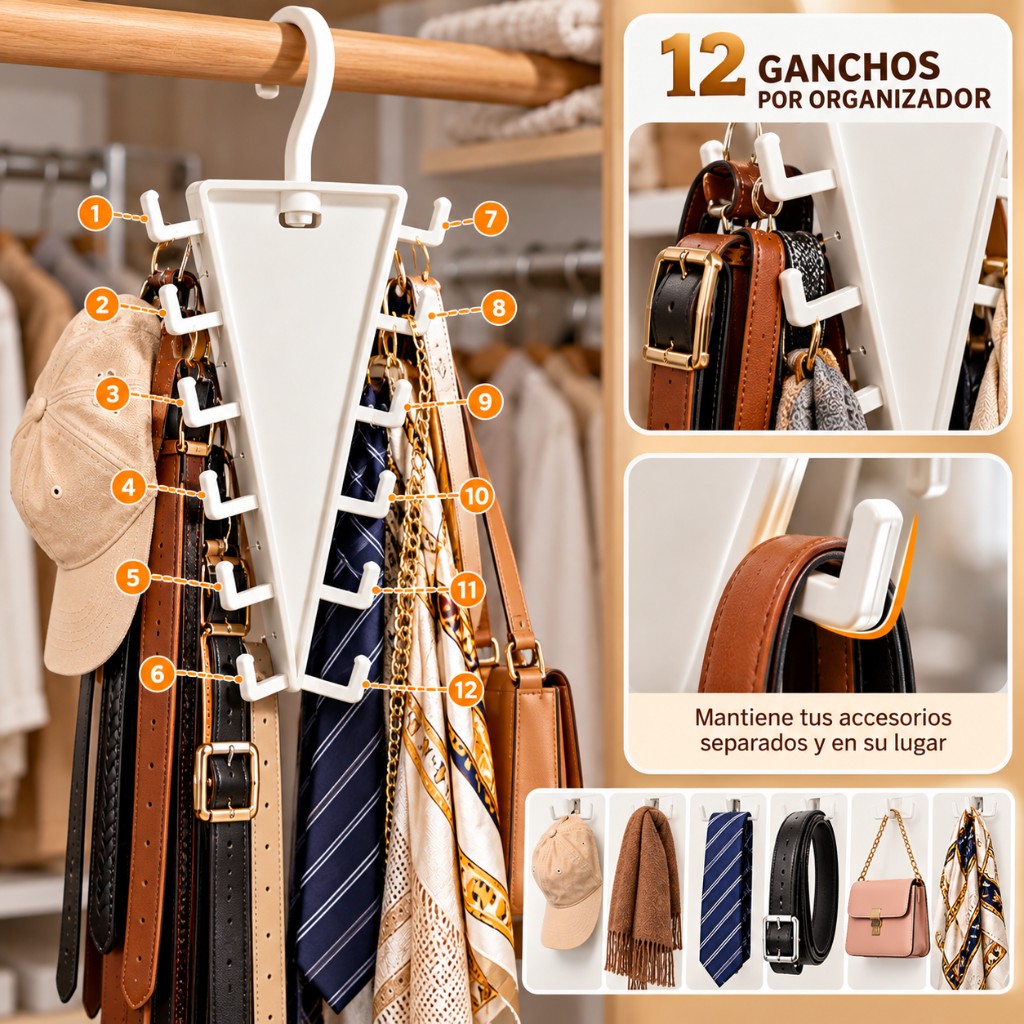 12 ganchos por organizador — cinturones, corbatas, bufandas y bolsos