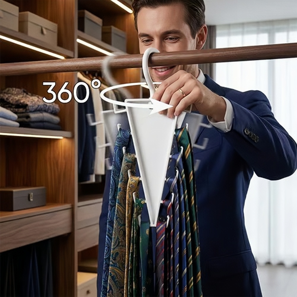 Organizador giratorio 360° con corbatas colgadas en el clóset